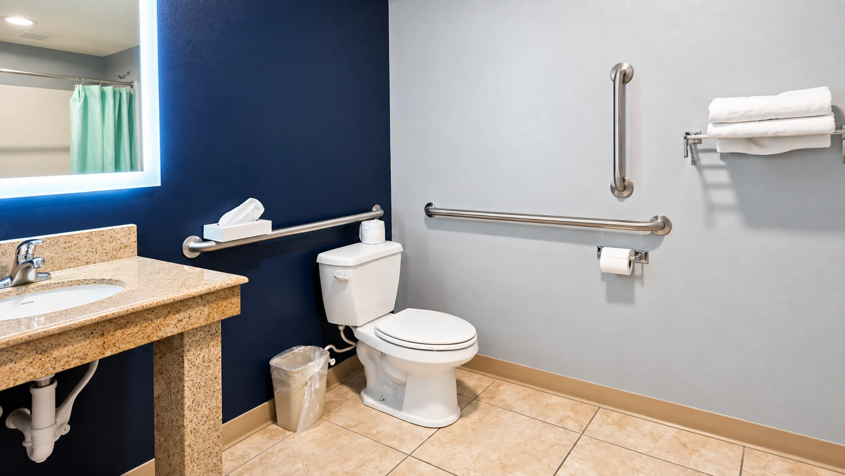 Accessible hotel bathroom with grab bars and open floor space between fixtures — Best Western Vernal Inn, Vernal Utah
