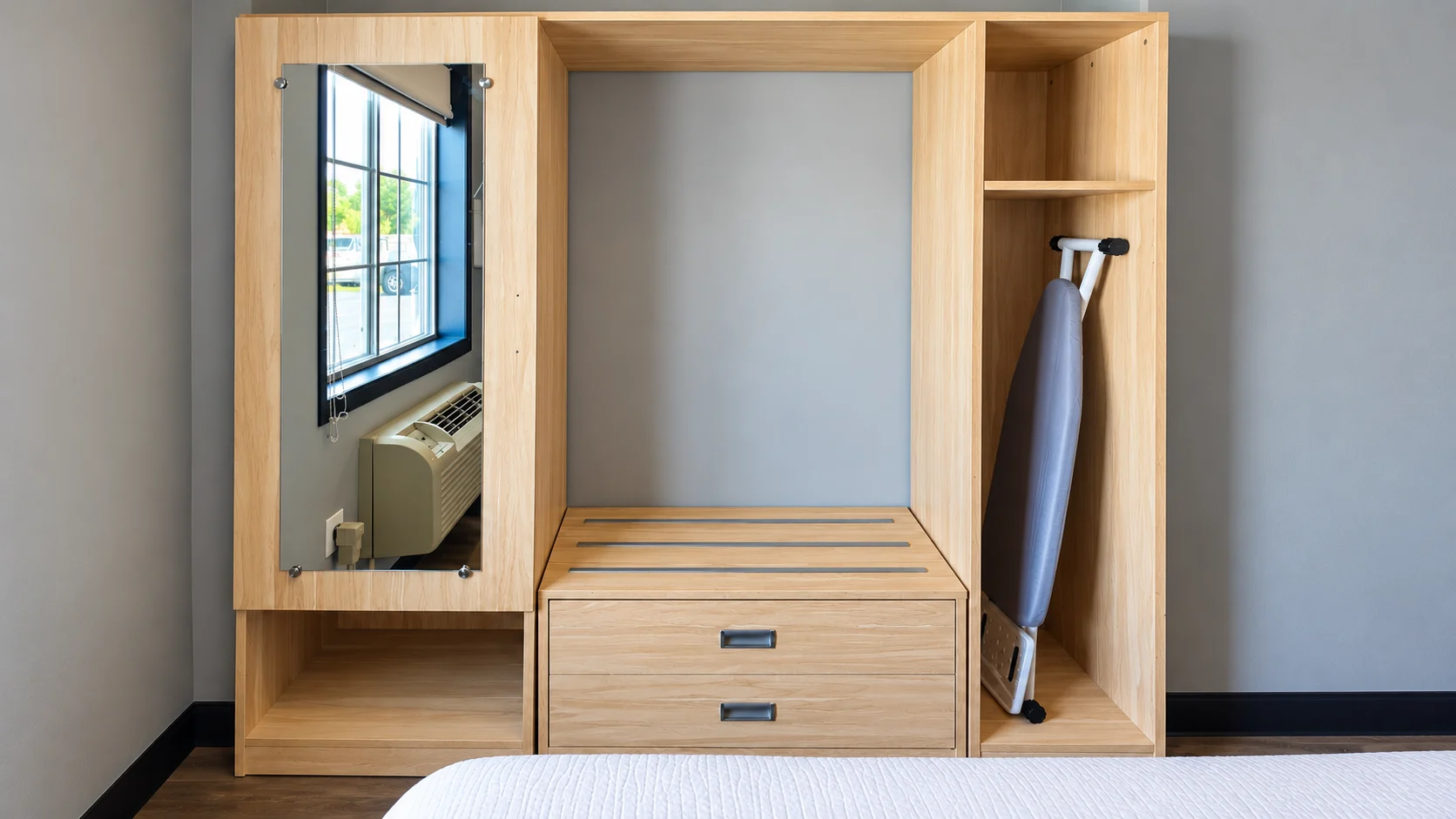 Closet unit with full-length mirror, hanging bay, drawers and ironing board — Best Western Vernal Inn, Vernal Utah