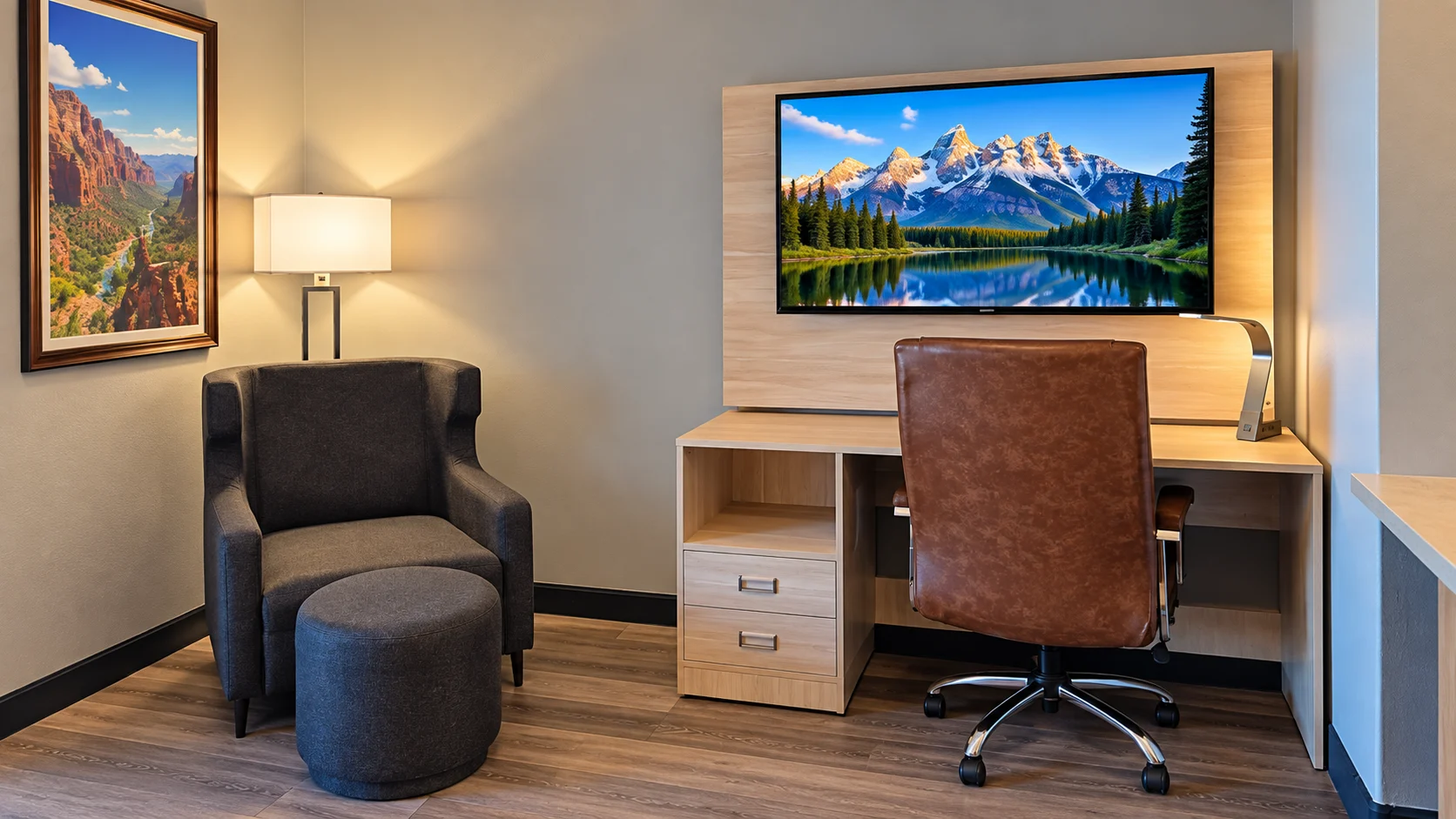 Armchair, ottoman and desk with wall-mounted TV on wood-style floors — Best Western Vernal Inn, Vernal Utah