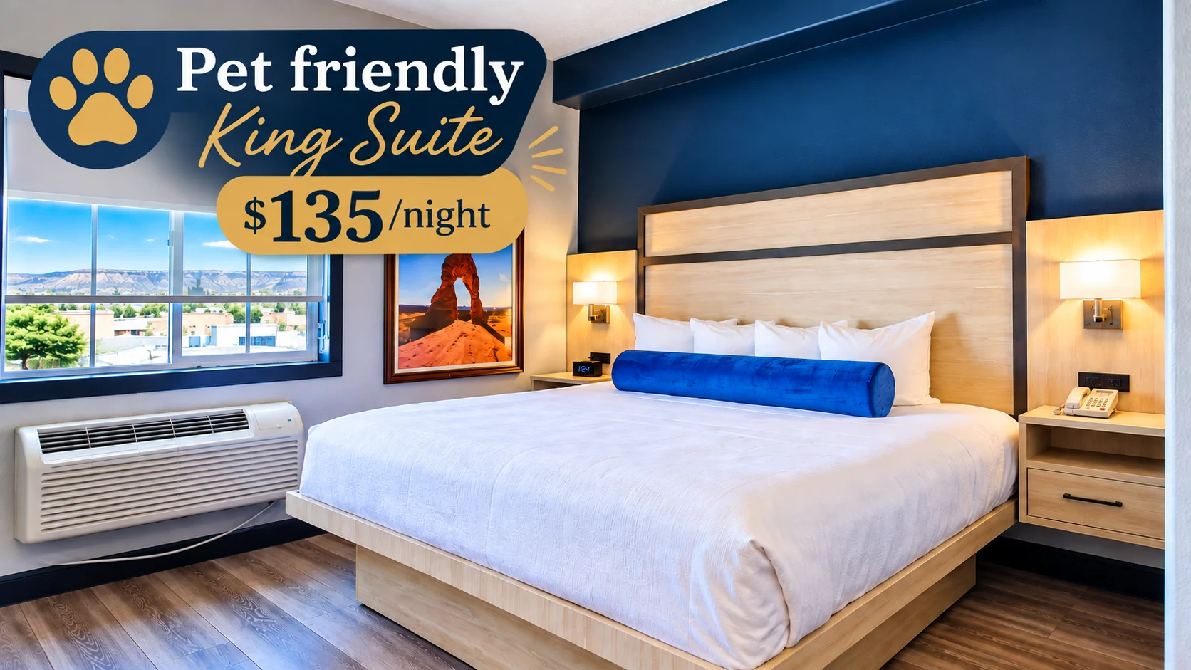Pet-friendly king room with wood-style floors and a window over Vernal — $135 a night at Best Western Vernal Inn, Vernal Utah