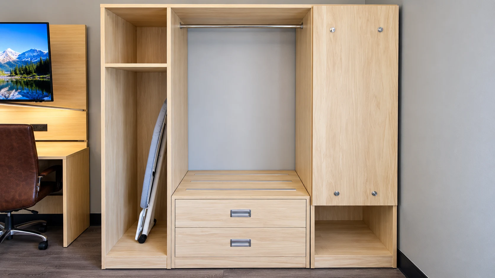 Open closet with hanging rail, drawers and stowed ironing board — Best Western Vernal Inn, Vernal Utah